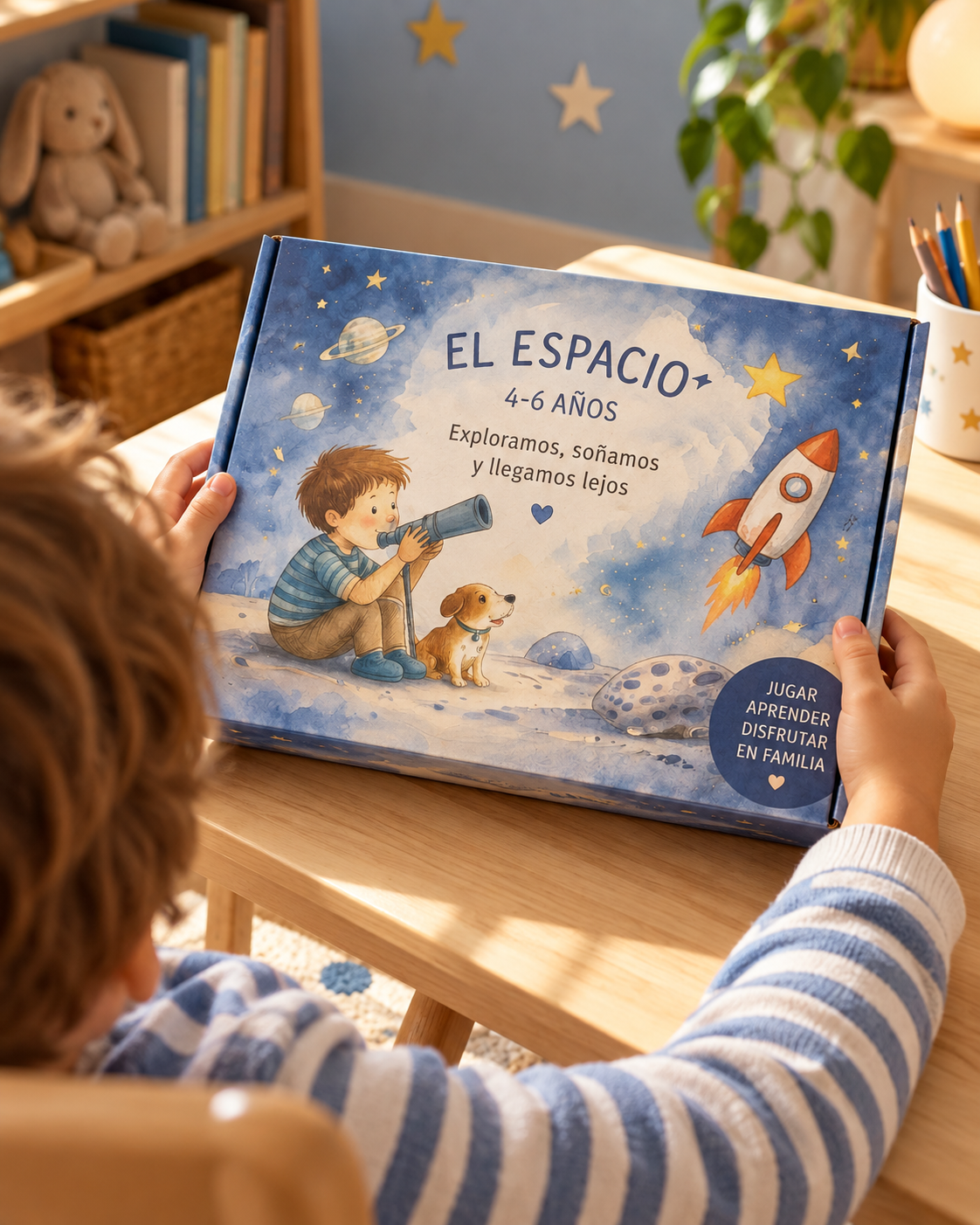 Un niño abre una caja El espacio de Mimune Kids