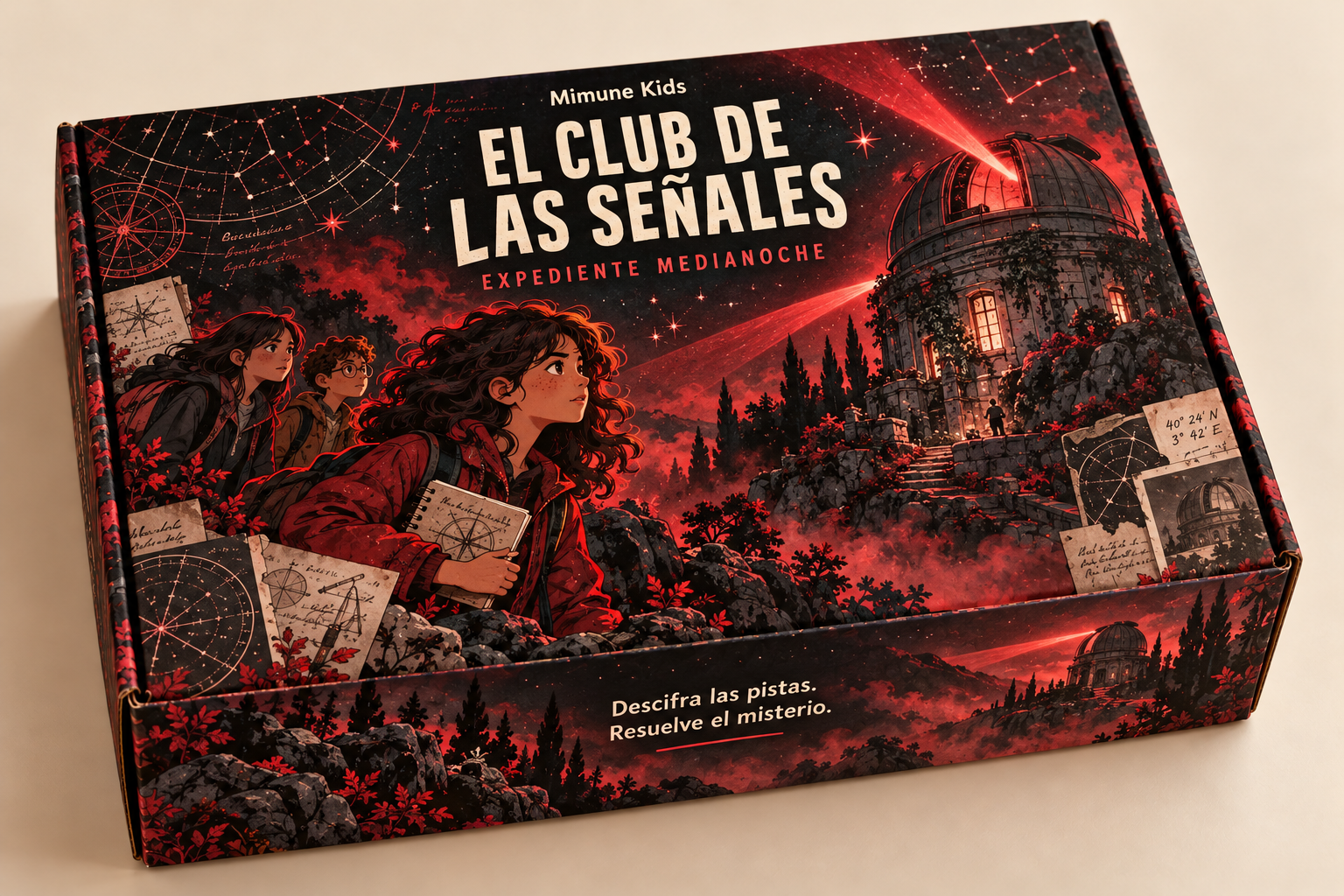 Caja El club de las señales: Expediente Medianoche, diseño rojo y negro de Mimune Kids